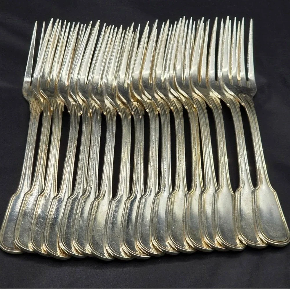 Vintage DJ Korea Saumur Double Thread Fiddle Pattern Forks Lot (17) Silverplate